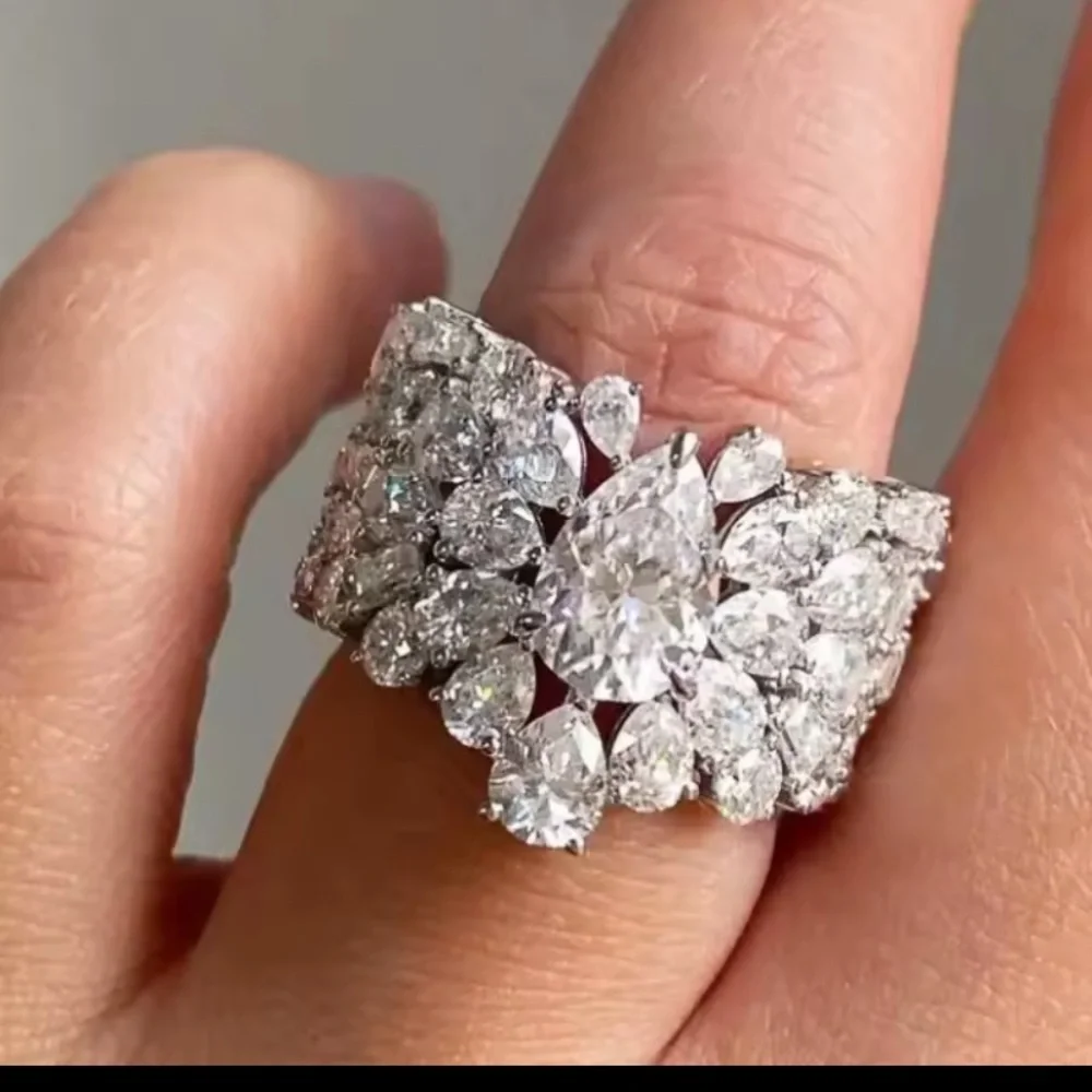 Luxury 18k White Gold Plated with Moissanite Teardrop Cluster Ring 7 1/2